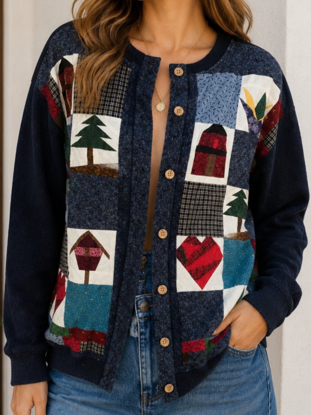 Just My Size Sweatshirt Handmade 1X Patchwork Grannycore 90s Cardigan POCKETS